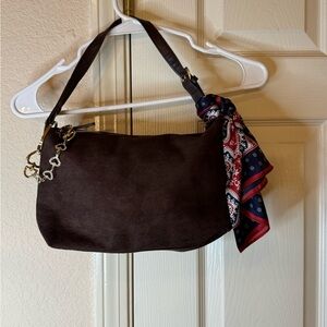 BRAND NEW 1 Of A Kind Brown Suede Shoulder Bag with Silk & chain embellishments